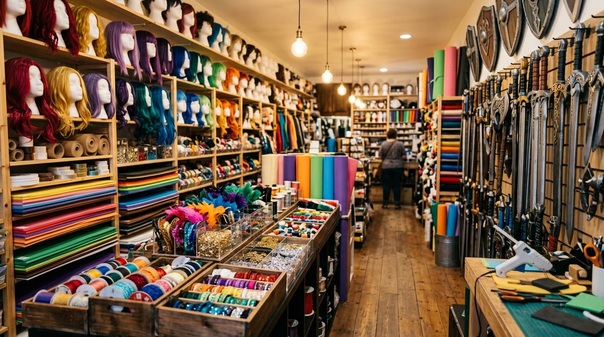Shop aisle with rows of colourful wigs on stands, craft foam shelves and racked foam props.