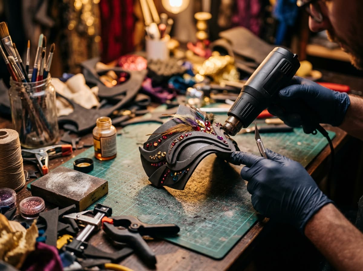 Gloved hands shaping a curved piece of foam armour with a heat gun on a cutting mat.