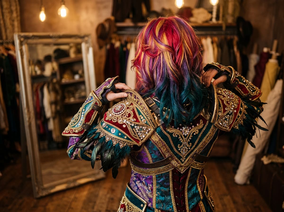 Person in fantasy armour and bright wig seen from behind adjusting a shoulder piece.