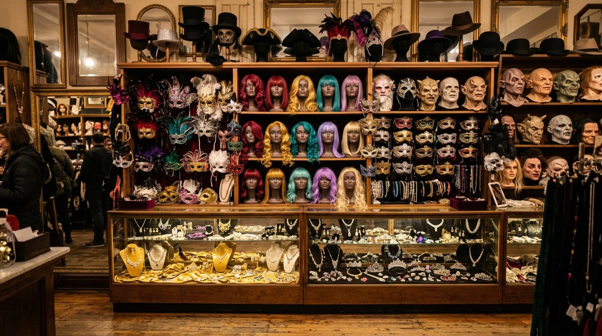 Shop wall of styled wigs on stands with shelves of masks, hats and a jewellery case below.