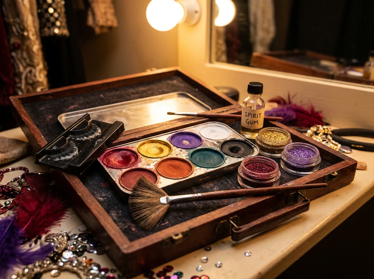Open makeup kit with a greasepaint palette, brushes, glitter pots and false lashes on a vanity.