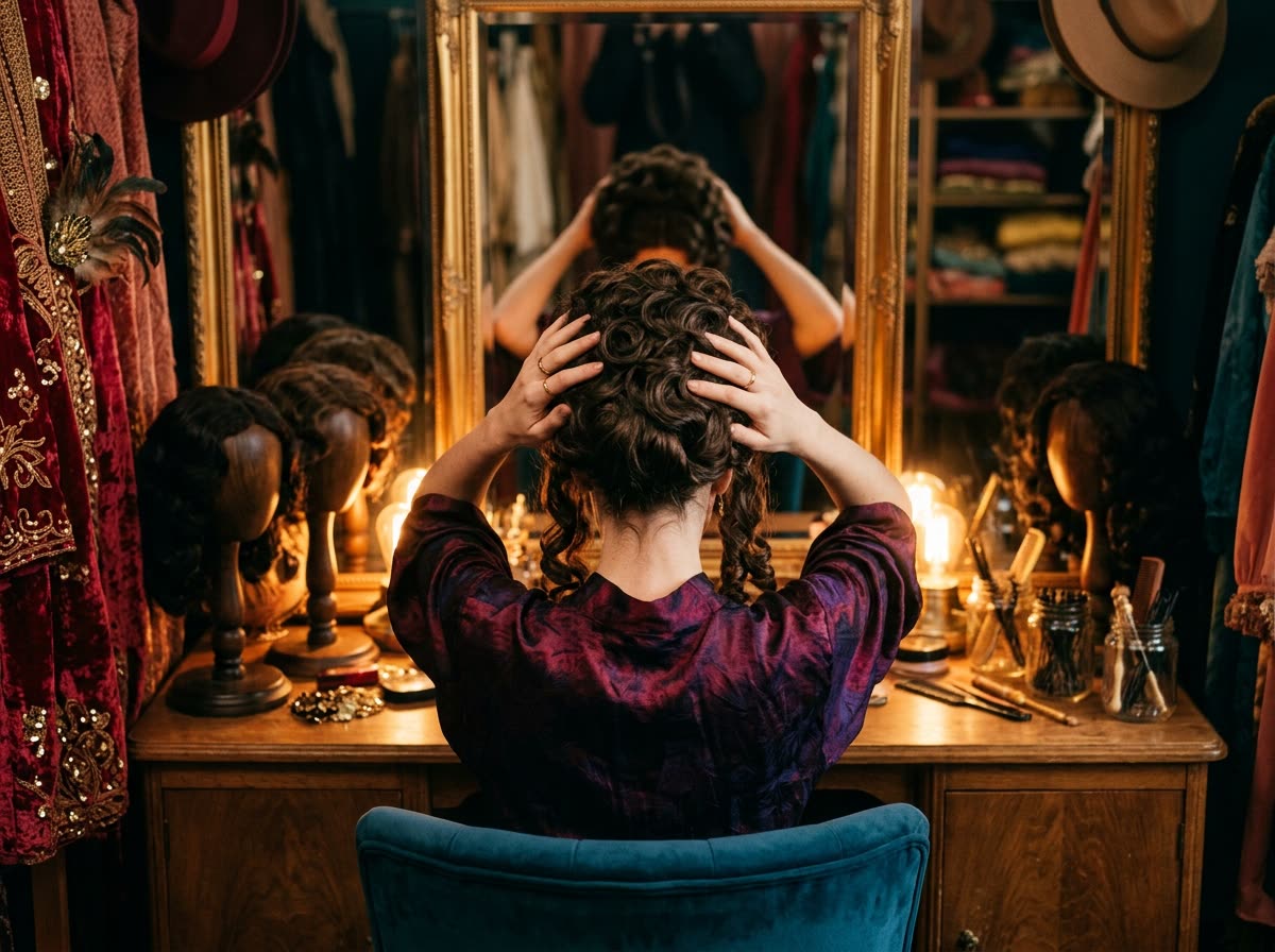 Person seen from behind at a bulb-lit vanity settling a long curled wig onto their head.