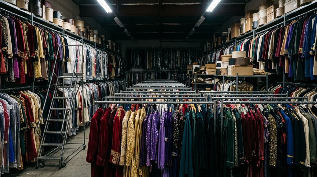 Deep stockroom with double-hung rails of period costumes and a rolling ladder against them.