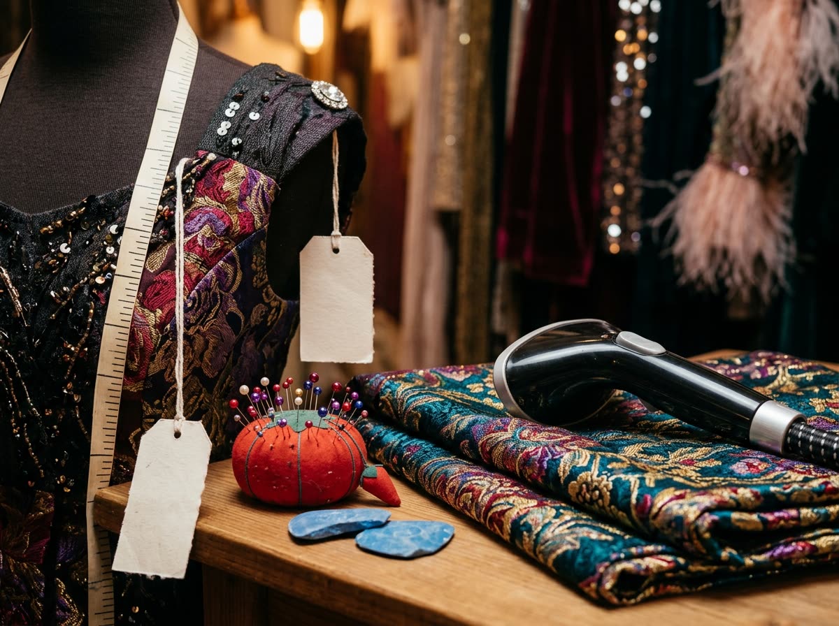 Tape measure on a dress form beside a pin cushion, chalk, a blank hang tag and a steamer.