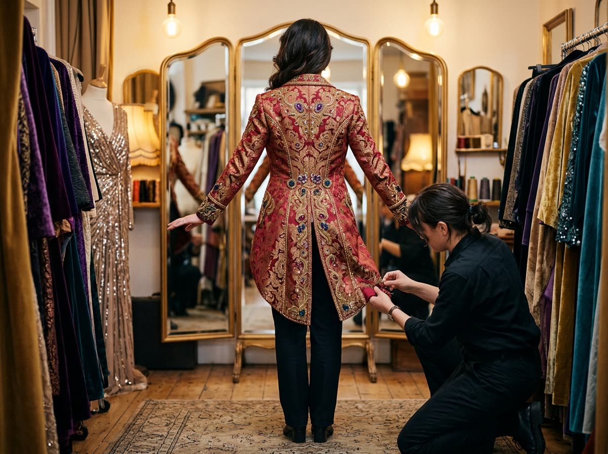 Person in a tailcoat seen from behind at a three-panel mirror while a fitter adjusts the hem.