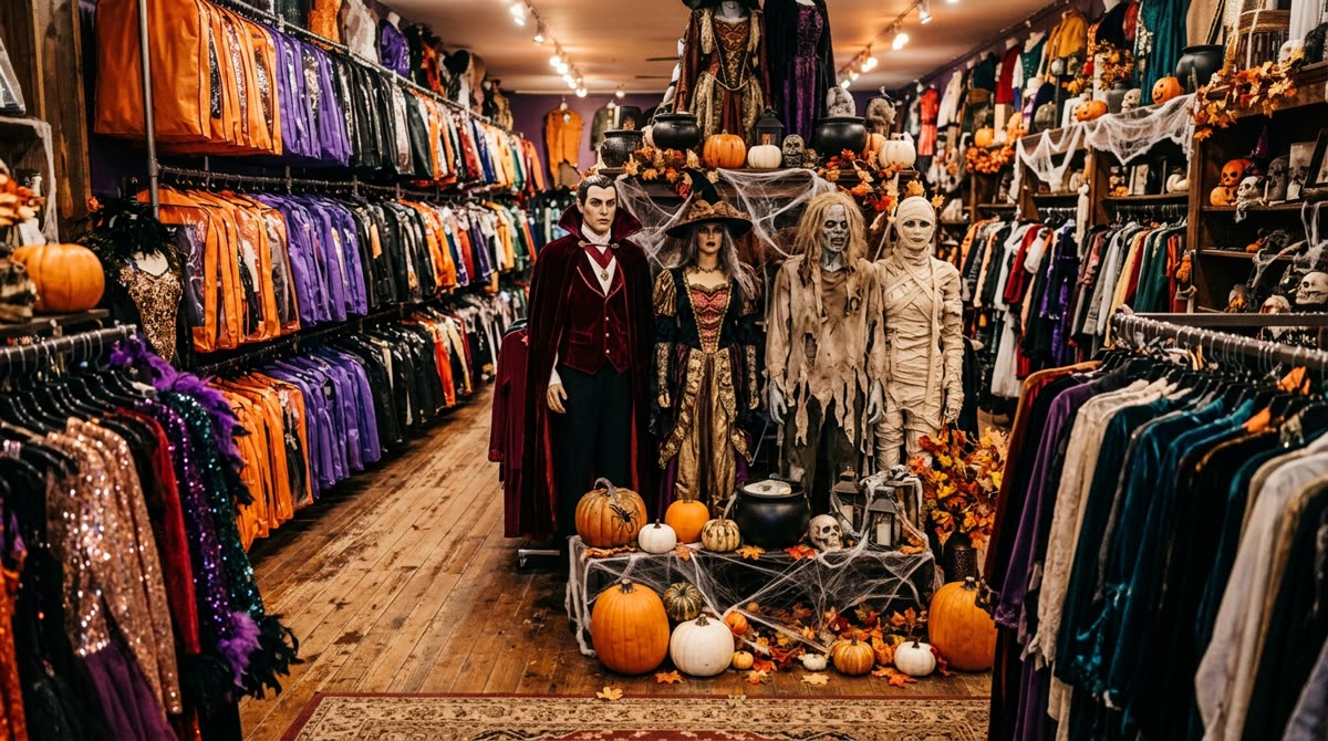 Costume shop floor with tiered bagged costumes, monster mannequins and pumpkin displays.