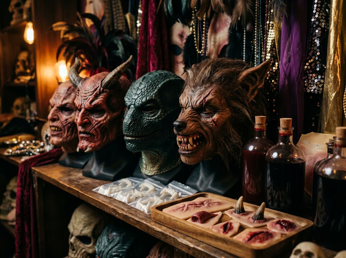 Shelf of latex monster masks on display heads beside fangs, stage blood and foam scars.