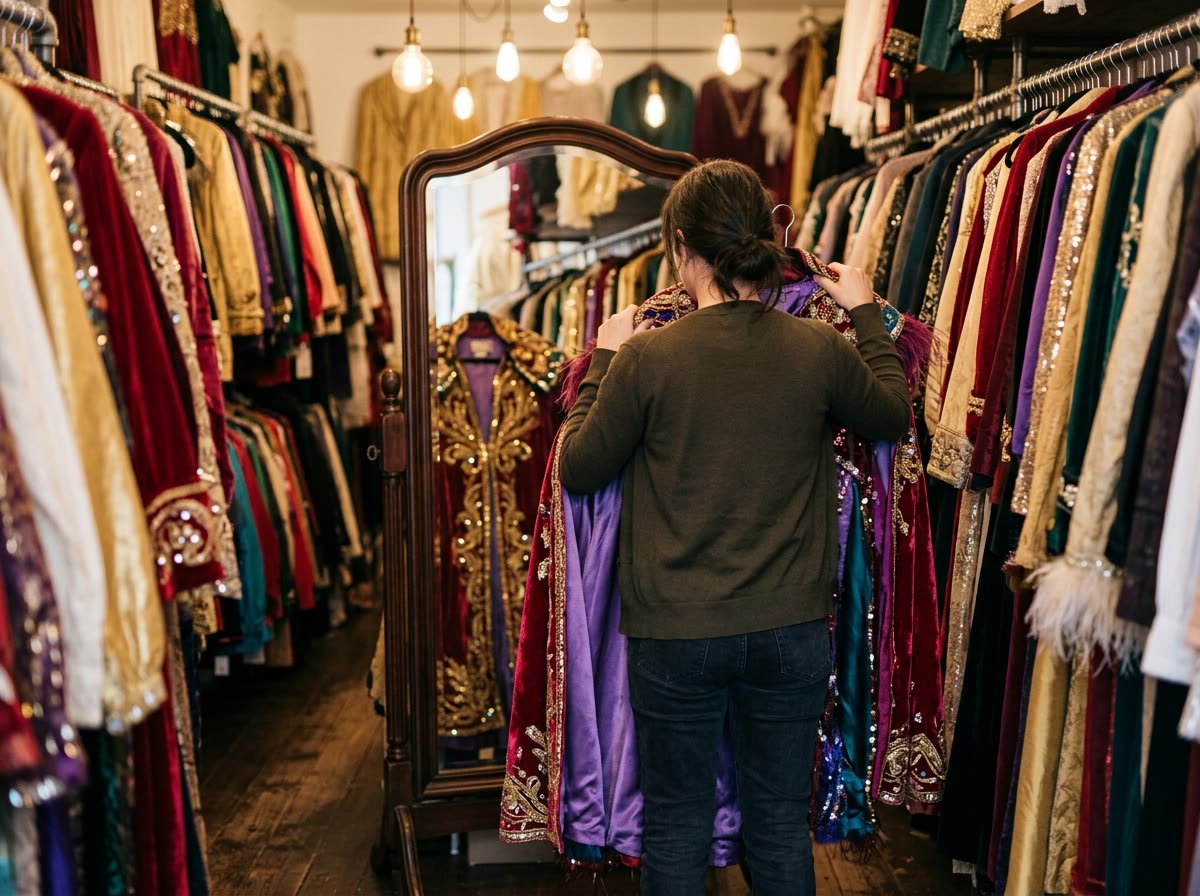 Shopper seen from behind holding a caped costume against their shoulders at a floor mirror.