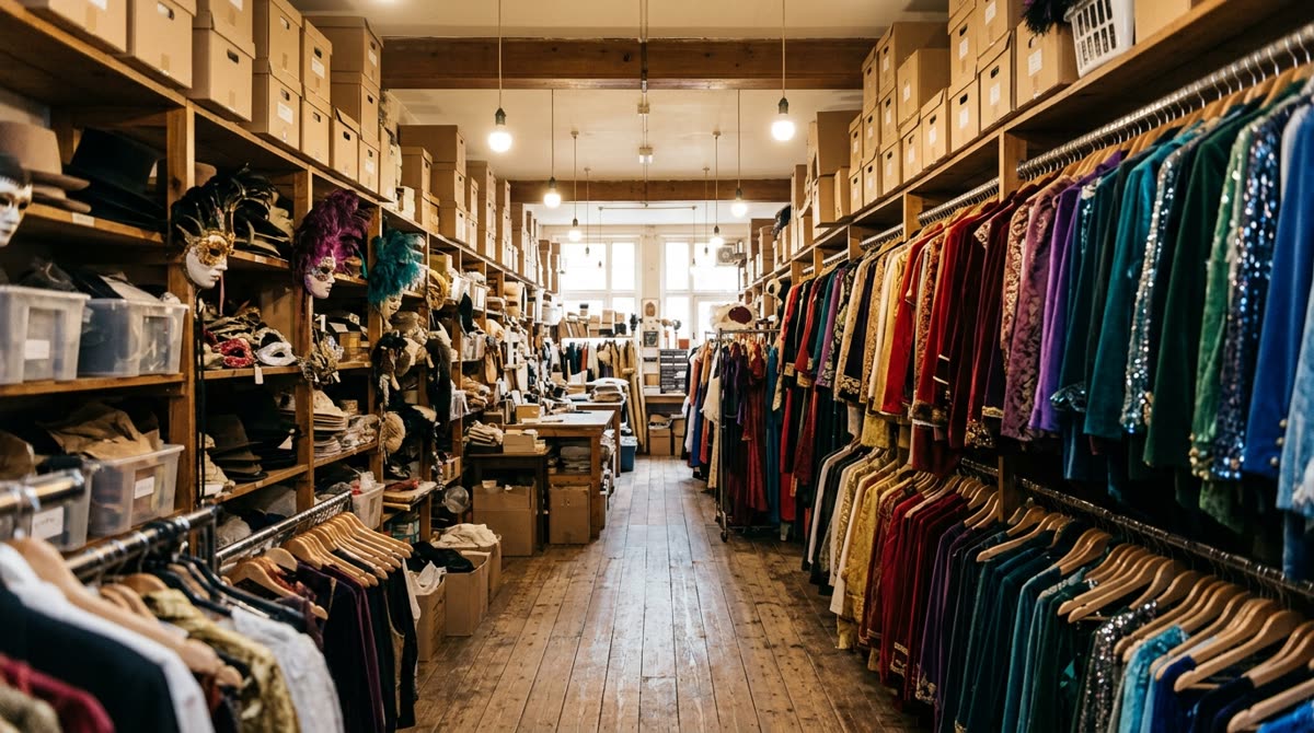 Long-established costume shop with wood floors, packed rails and shelving stacked to the ceiling.