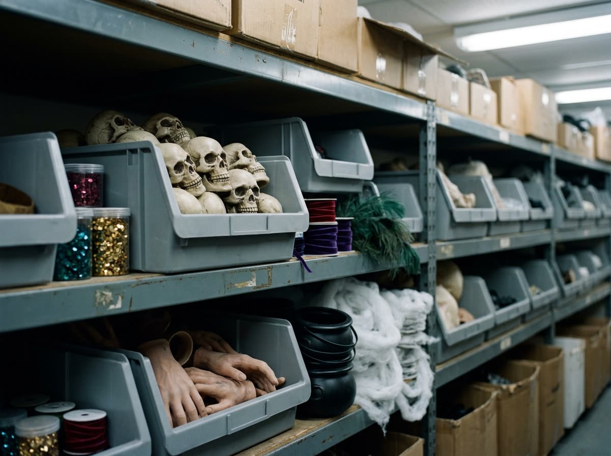 Metal shelving of back-stock bins holding plastic skulls, latex hands and plastic cauldrons.