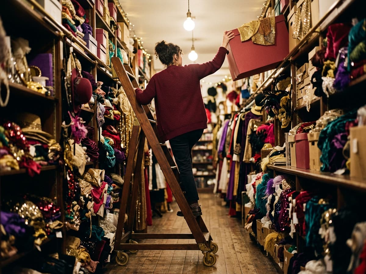 Shop worker on a rolling ladder seen from behind pulling a costume box from a high shelf.