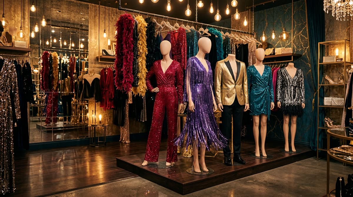 Display of mannequins in sequined jumpsuits and dinner jackets with feather boas on a rail.