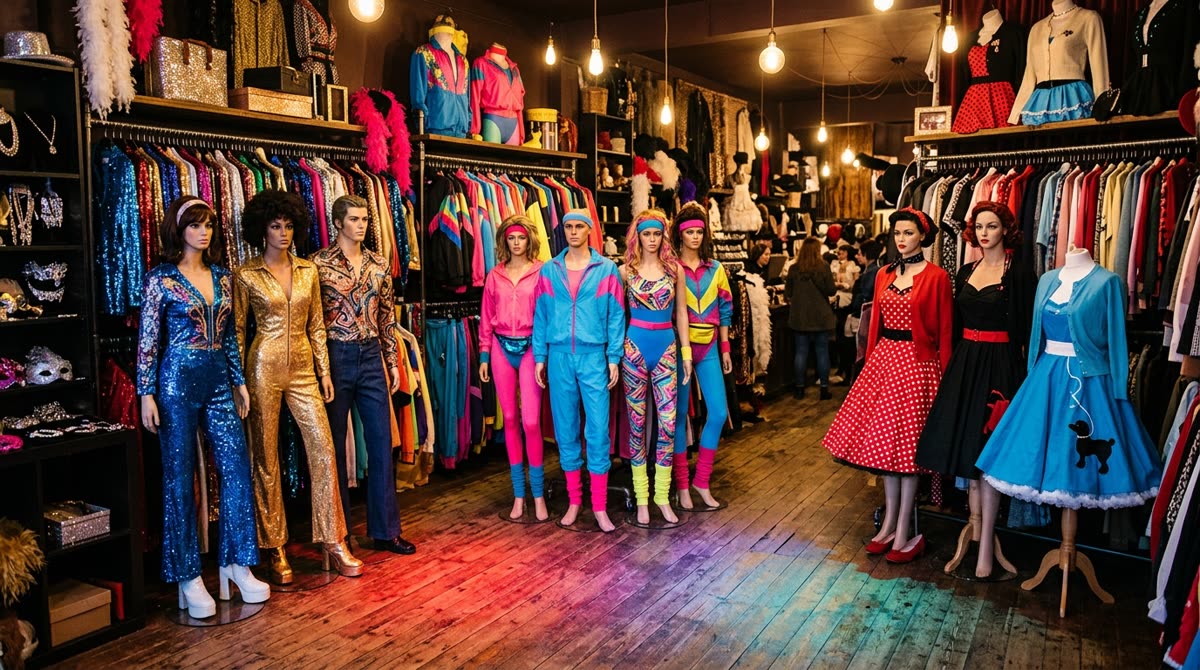 Shop section with mannequin groups in disco, neon eighties and fifties outfits beside rails.