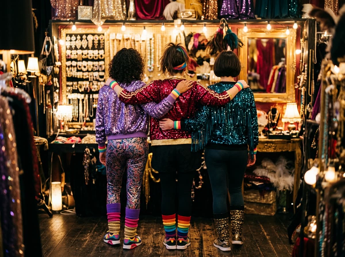 Three adults in matching neon outfits seen from behind with arms across each other's shoulders.
