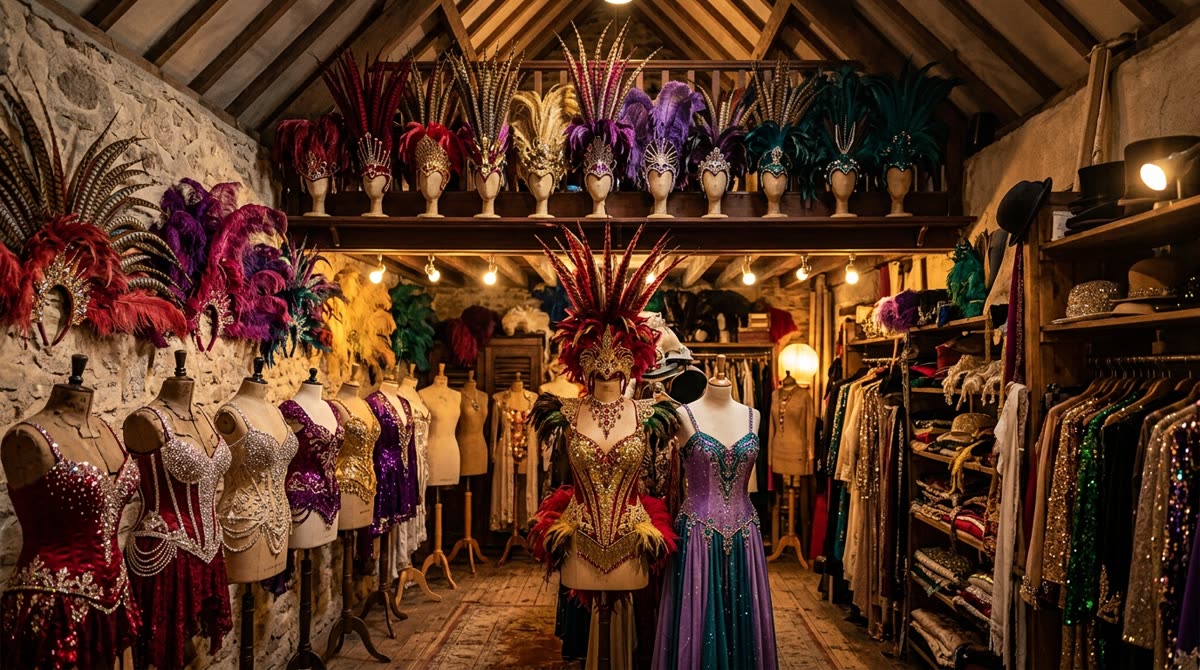 Costume room with tall feathered headdresses on a high shelf above rhinestoned bodices on forms.