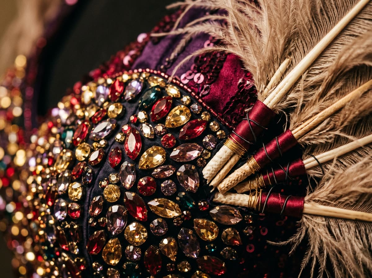 Macro view of hand-set rhinestones on a bodice panel beside the quill base of a feather plume.