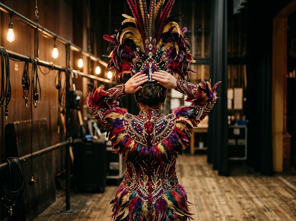 Performer in a feathered costume seen from behind lifting a tall plumed headdress into place.
