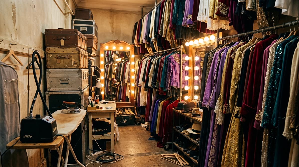 Backstage wardrobe with crowded costume rails, a bulb-framed mirror and stacked travel trunks.