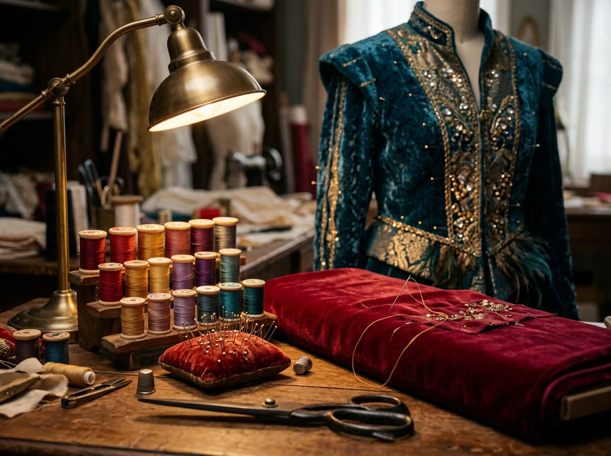 Workbench with shears, thread spools, a pin cushion and velvet beside a pinned dress form.