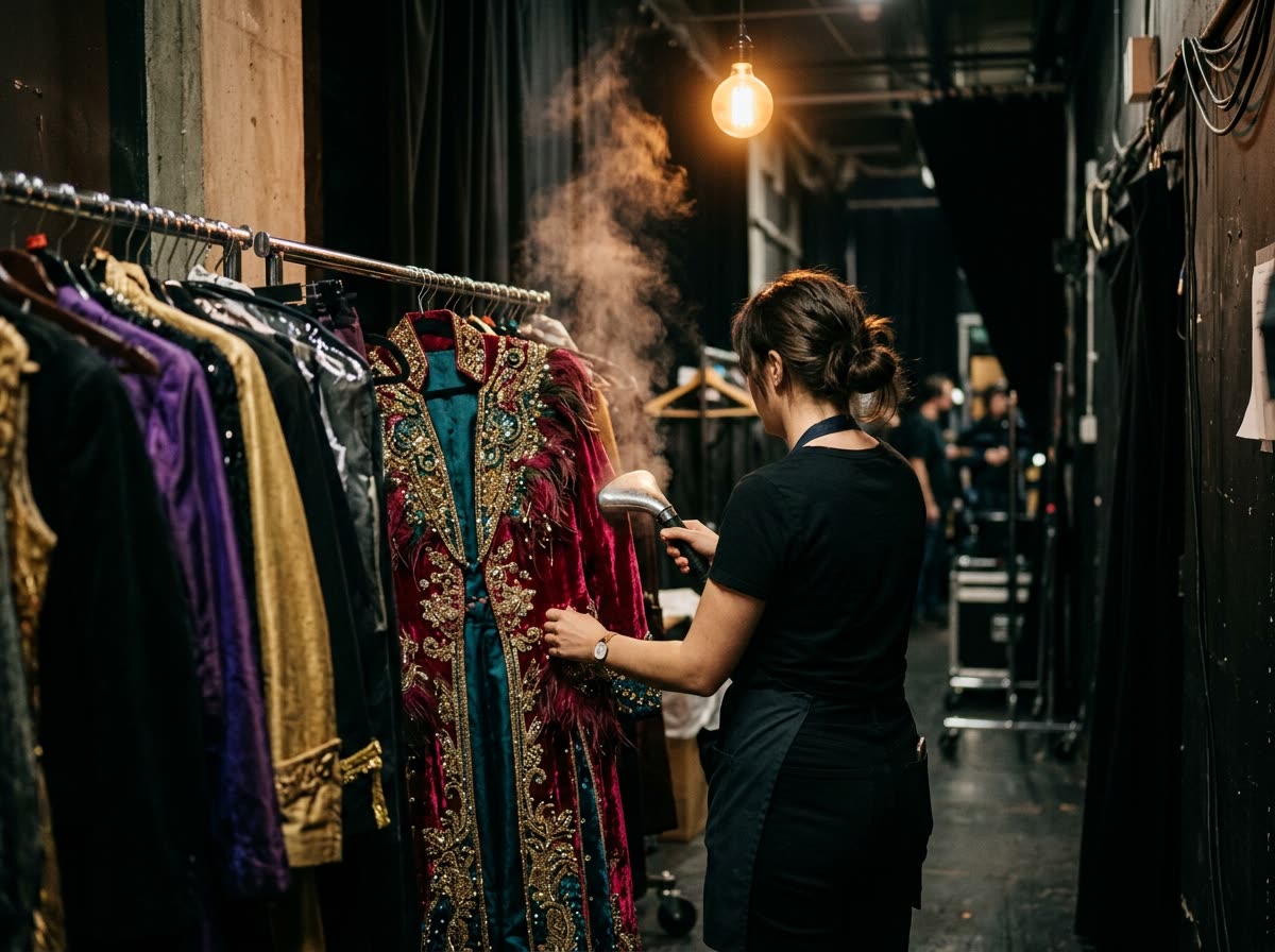 Wardrobe assistant seen from behind steaming a long coat hanging on a backstage rail.
